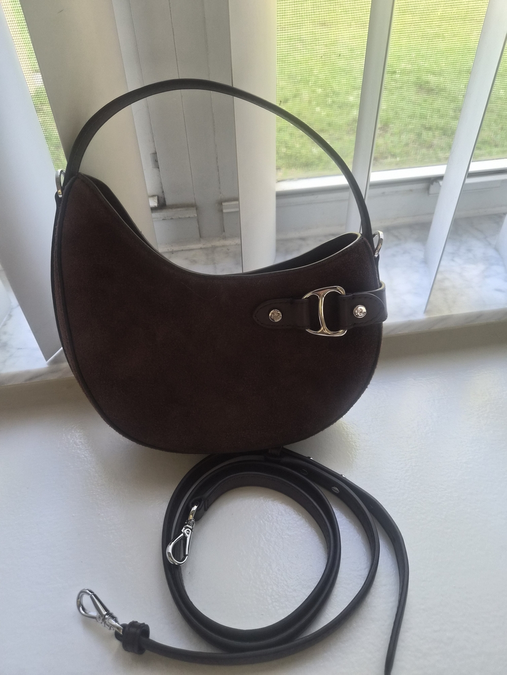 Ralph Lauren Suede Mini Tasha Crossbody Bag in Dark Hickory - Picture 2 of 5